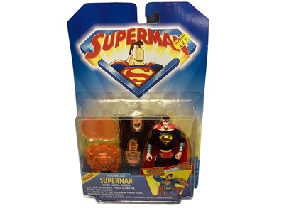 Lot 166 - Kenner Giochi Preziosi (c1997) DC Comics Superman Deluxe City Camo & Vision Blast and Batman v Two Face, Nightwing & Silver Defender, plus Marvel (1996) Spiderman with Hobgoblin & Venom, all on car...