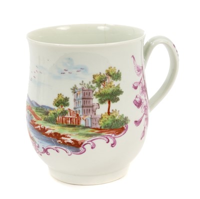 Lot 101 - Unusual Worcester baluster shaped mug, painted in ‘Rogers’ style with a landscape and puce monochrome flowers, circa 1758