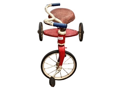 Lot 1931 - Red metal 1950s Triang Child’s tricycle with original blue handgrips, pedals and wheels.  Front Triang badge and horn missing and saddle distressed.