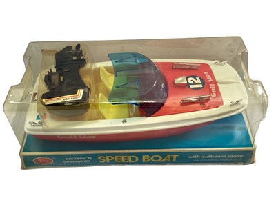 Lot 297 - Redbox battery operated Gulf Star model speed boat, with Johnson outbroad motor, on plinth with bubblepack (1)