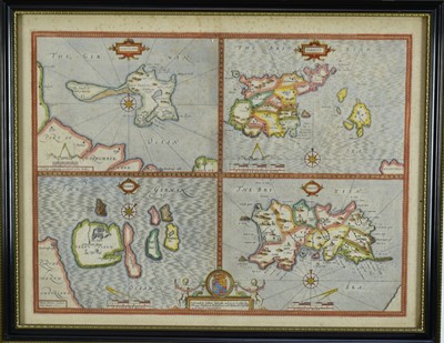 Lot 1135 - John Speed 17th Century map 'The British Islands', text verso, 38cm x 51cm, in Hogarth frame