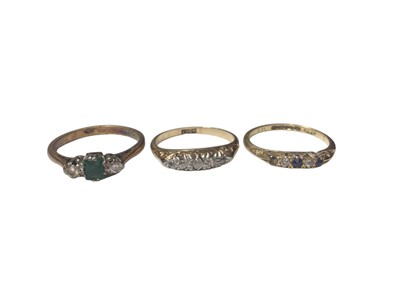 Lot 18 - 18ct gold diamond and emerald three stone ring, 18ct gold diamond five stone ring and 18ct gold sapphire and diamond five stone ring (one stone missing) (3)