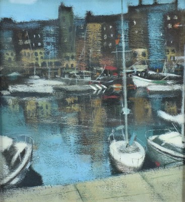 Lot 1127 - Peter Nardini (b.1947) acrylic - Honfleur Harbour, signed and titled on backing board, 26cm x 24cm, framed