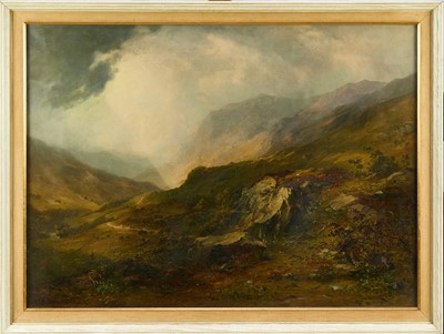 Lot 1015 - English School, 19th century, oil on canvas - Highland Landscape, indistinctly signed and dated, 60cm x 83cm, in glazed frame