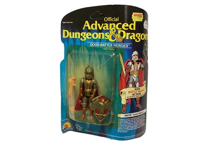 Lot 182 - LJN (1983) Advanced Dungeons & Dragons action figures including Elkhorn (Good Dwarf Fighter), Deeth (Good Fighter) & Zara's (Evil Half-Orc Assassin), all on card (quite curled) with bubblepack (3)
