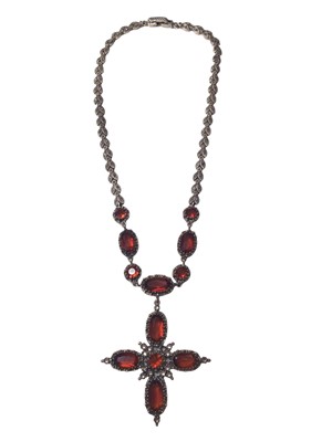 Lot 69 - 19th century style silver and gem set cross pendant on silver and marcasite chain, marker's mark GJ