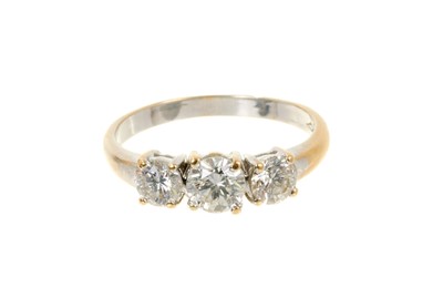 Lot 619 - Diamond three stone ring with three brilliant cut diamonds estimated to weigh approximately 1.2cts in total, in four claw setting on 18ct white gold shank