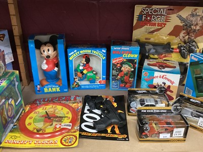 Lot 640 - Selection of Mickey Mouse & 007 merhandise, Rupert Clock and other items (qty)