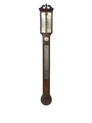 Lot 760 - George III stick barometer, swan neck pediment with bronze pineapple finial, silvered dial