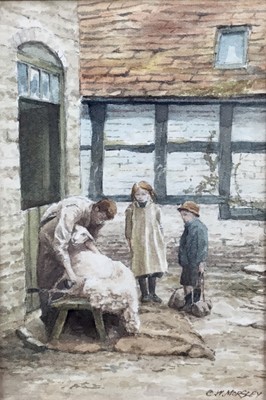 Lot 162 - Sentimental watercolour of rustic scene by C.W. Morsley - two children watching sheep being clipped, 18cm x 12.5cm, framed