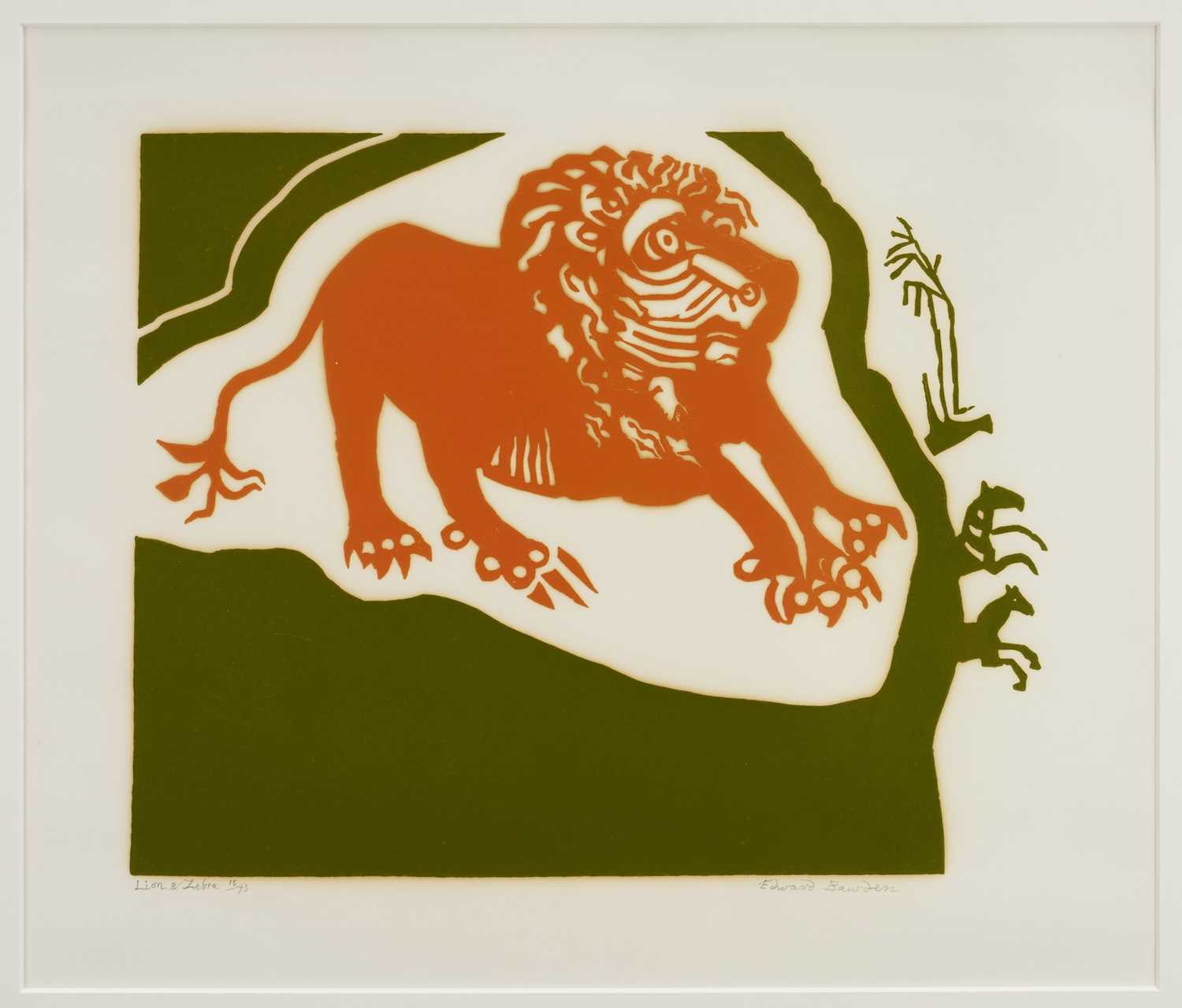 Lot 67 - *Edward Bawden (1903-1989) signed limited edition linocut - Lion and Zebra, 15/75, 50cm x 59cm, in glazed frame