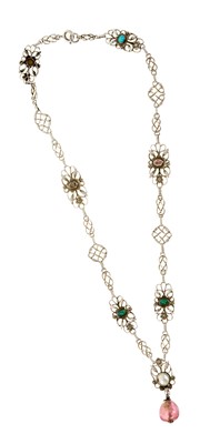 Lot 479 - Arts & Crafts silver and gem-set necklace, possibly by Arthur and Georgie Gaskin, with a pink tourmaline pendant drop suspended from a fine silver necklace with a series of wire scroll panels accen...
