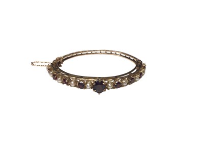 Lot 39 - Victorian style 9ct gold garnet and cultured pearl hinged bangle