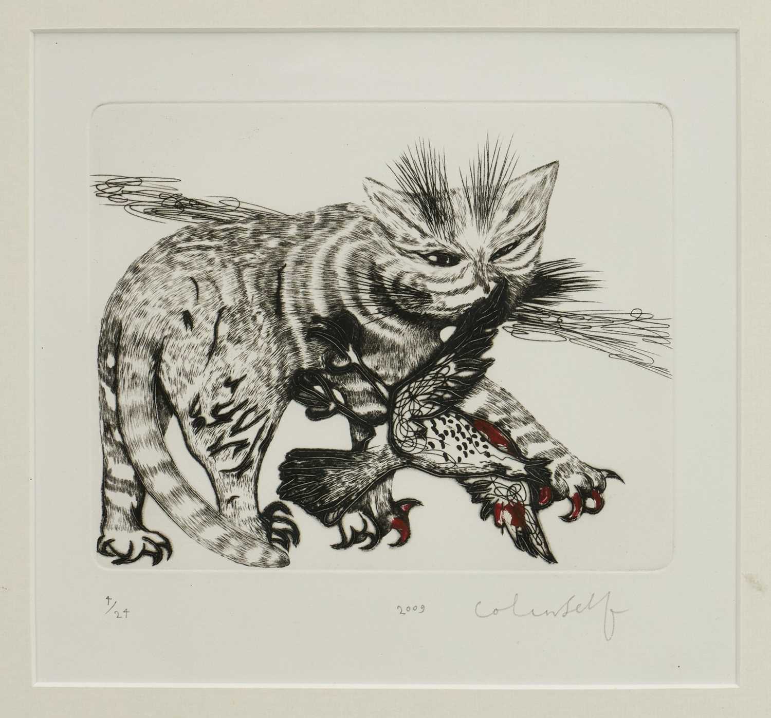 Lot 1254 - *Colin Self (b.1941) limited edition etching - The Cat Wins, signed and dated 2009, numbered 4/24, 17.5cm x 22cm, in glazed frame