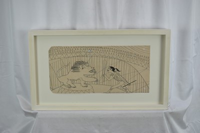 Lot 1186 - Colin Self (b.1941) pencil on card - The Lion Tamer, signed and dated 3.12.96, from his Circus Series, 18.5cm x 39cm, in glazed frame