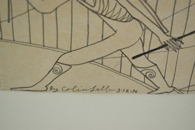 Lot 1186 - Colin Self (b.1941) pencil on card - The Lion Tamer, signed and dated 3.12.96, from his Circus Series, 18.5cm x 39cm, in glazed frame