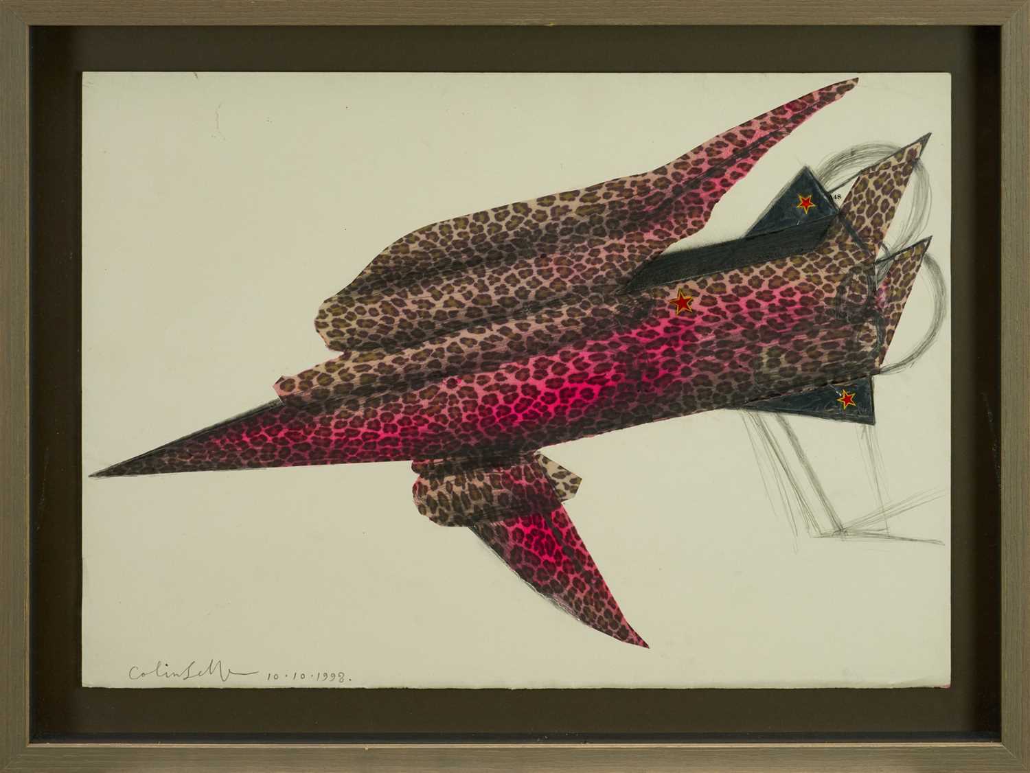 Lot 1253 - *Colin Self (b.1941) collage - Leopard Print Bomber, signed and dated 10.10.1998, 42cm x 59cm, in glazed frame