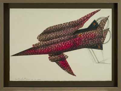 Lot 1253 - *Colin Self (b.1941) collage - Leopard Print Bomber, signed and dated 10.10.1998, 42cm x 59cm, in glazed frame
