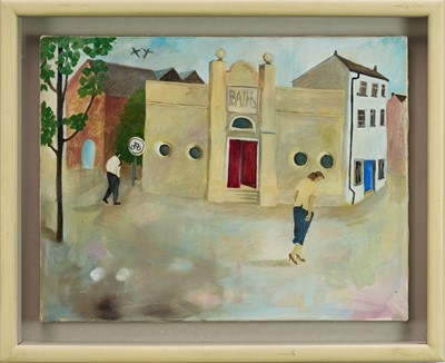 Lot 1259 - *Tessa Newcomb (b.1955) oil on canvas - The Baths, signed with initials and dated '96, 35cm x 45.5cm, in glazed box frame