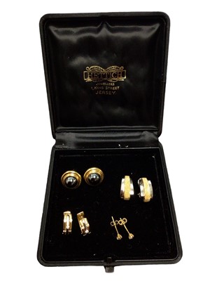 Lot 3 - Pair of 18ct yellow and white gold diamond set huggie hoop earrings, pair of diamond single stone stud earrings and two other pairs of 18ct gold earrings (4 pairs)