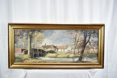 Lot 1165 - *Cavendish Morton (1911-2015) oil on board, Chelsworth, signed and dated '73, 29 x 72cm, framed
