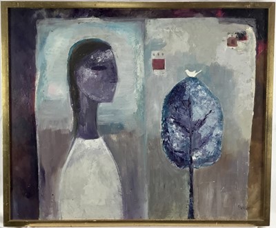 Lot 50 - English School, late 20th century oil on board, Figure and dove, indistinctly signed, partial London Gallery label verso