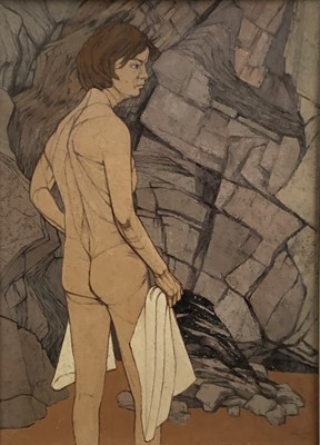 Lot 224 - Shirley Teed, two large oil on canvas studies of women - 'Rock Face and Figure IX', signed and dated '75, inscribed and titled verso, 102cm x 81cm, and Untitled, sitting nude