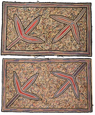 Lot 1580 - Omega style pair of hand woven rugs with abstract design, 132 x 82cm