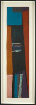Lot 1144 - Trevor Bell (1930-2017) oil on board - Fields near the Sea, signed and dated '57, further signed and titled verso, 121cm x 30cm, in glazed frame