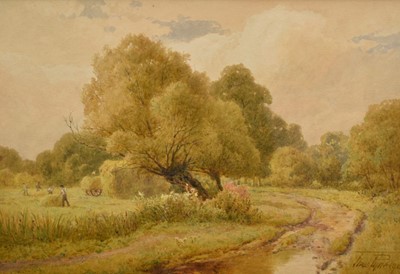 Lot 1247 - Thomas Pyne (1843-1935) pair of watercolours - Fenn Lane, Dedham and the River Stour at Dedham, both signed, the former dated 1910, in glazed gilt frames, 23cm x 33cm