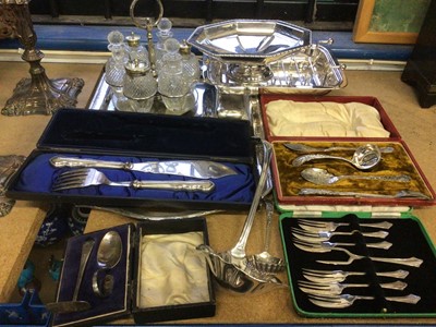 Lot 65 - Group of silver plate, including a cruet on stand, cased items, tray, etc