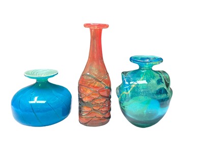 Lot 1107 - Mdina orange trailed vase, 22.5cm high, together with a pulled ear vase, 15.5cm high and one other vase, 12cm high (3)