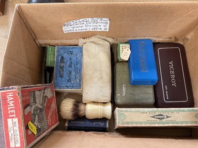 Lot 2410 - Box of vintage shaving equipment including razors, shaving brush, etc, mostly boxed