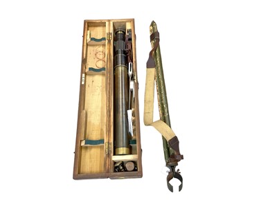 Lot 881 - First World War British military brass artillery spotting scope by Ross, London, serial no. 66974, in wooden case, together with tripod.