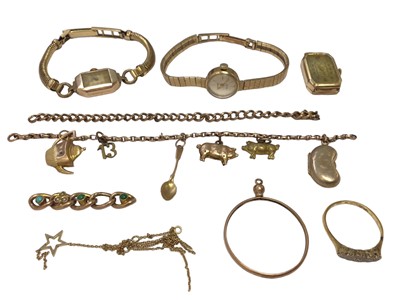 Lot 113 - Vintage 9ct gold wristwatches, charm bracelet, chains and 18ct gold diamond five stone ring