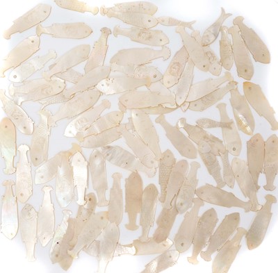Lot 769 - Collection of eighty-five Chinese mother of pearl fish shaped counters