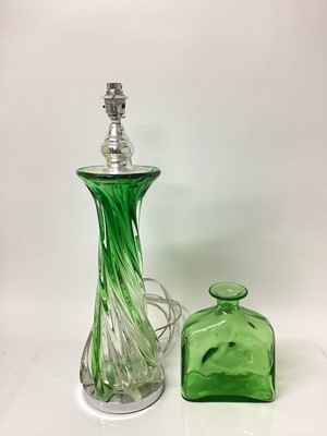 Lot 1126 - Good quality green and clear glass table lamp, 54cm including fitting, together with a green glass decanter (2)