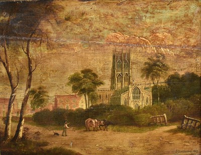 Lot 1222 - Attributed to John Dunthorne (1798-1832) oil on panel - A Village Church, possibly an imagined view of East Bergholt, 27cm x 35cm, framed