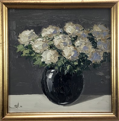 Lot 60 - Vivek Mandalia, oil on canvas - "Yellow Flowers", monogrammed, also label verso, in gilt frame. 29 x 29cm.