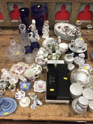 Lot 29 - Wedgwood jasperware miniature teaset on tray, Bohemian blue overlaid cut glass vases, Port Meirion Botanic Garden platters, various China, glass, ornaments and plated wares