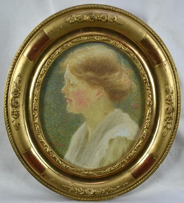 Lot 372 - Constance Phillott (1842-1931) watercolour - Portrait of a Lady, signed and dated 1916, 17cm x 14cm, in oval glazed gilt frame