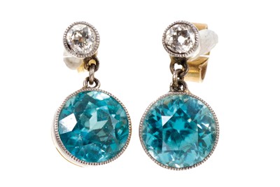 Lot 451 - Pair of Edwardian blue zircon and diamond pendant earrings