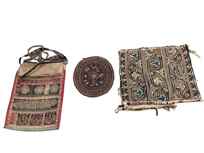 Lot 2067 - 19th century Chinese linen embroidered bag plus oval embroidered panel, couched metallic thread and satin stitch, chicken with flowers.