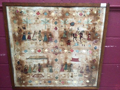 Lot 2073 - 19th century Indian Chamba Rumal embroidery.  Four panels on woven cotton ground, silk thread double satin stitched scenes with fine brush strokes.  Uniform design on both faces.