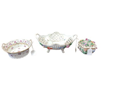 Lot 1162 - Dresden porcelain basket with floral encrusted decoration, similar pot and cover and a similar Dresden basket (3)