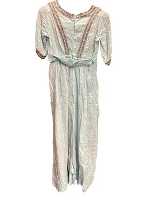 Lot 2079 - Victorian clothing including blue striped day dress with lace trim, pale blue dress with glass bead trim, two skirts