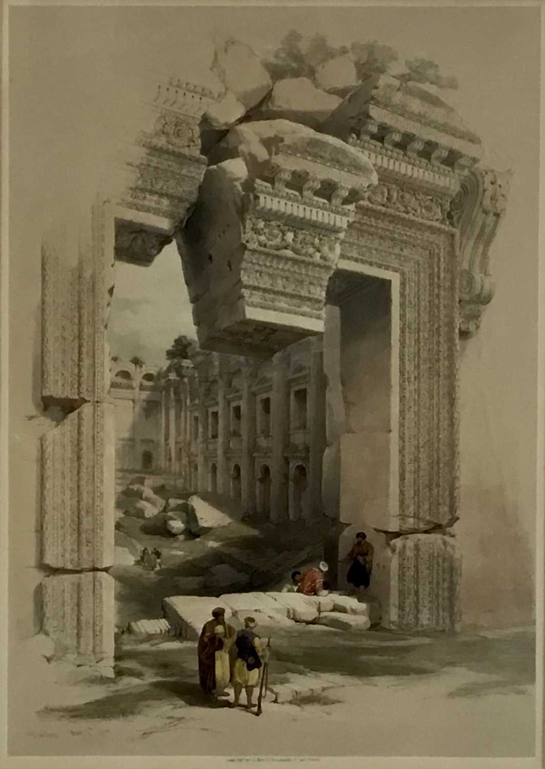 Lot 48 - After David Roberts, hand tinted lithograph, with pin holes, "Baalbec May 7th 1839", London Pub. by FG Moon, 20 Threadneedle Street, Jan 1st 1844". Framed and glazed. 73cm x 56cm. Provenance: S...