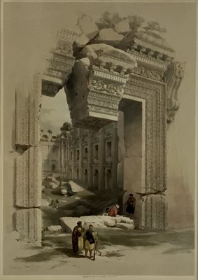 Lot 48 - After David Roberts, hand tinted lithograph, with pin holes, "Baalbec May 7th 1839", London Pub. by FG Moon, 20 Threadneedle Street, Jan 1st 1844". Framed and glazed. 73cm x 56cm. Provenance: S...