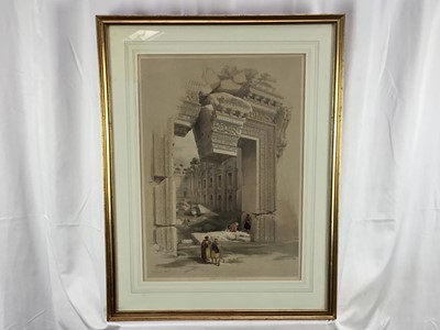 Lot 48 - After David Roberts, hand tinted lithograph, with pin holes, "Baalbec May 7th 1839", London Pub. by FG Moon, 20 Threadneedle Street, Jan 1st 1844". Framed and glazed. 73cm x 56cm. Provenance: S...