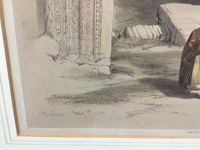 Lot 48 - After David Roberts, hand tinted lithograph, with pin holes, "Baalbec May 7th 1839", London Pub. by FG Moon, 20 Threadneedle Street, Jan 1st 1844". Framed and glazed. 73cm x 56cm. Provenance: S...